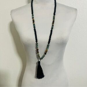 Mala Prayer Beaded Tiger Eye African Turquoise Black Beaded Tassel Necklace NWOT